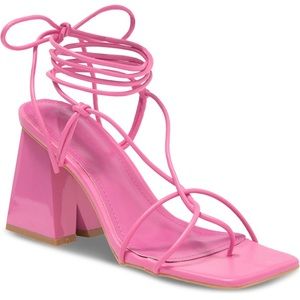 Pink Strappy Tie Wrap Block Heel Sandals